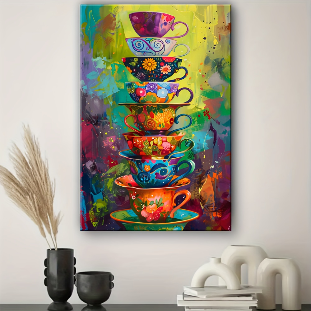 Mug Tea Coffee - Colorful Stacked Teacups Poster and Prints