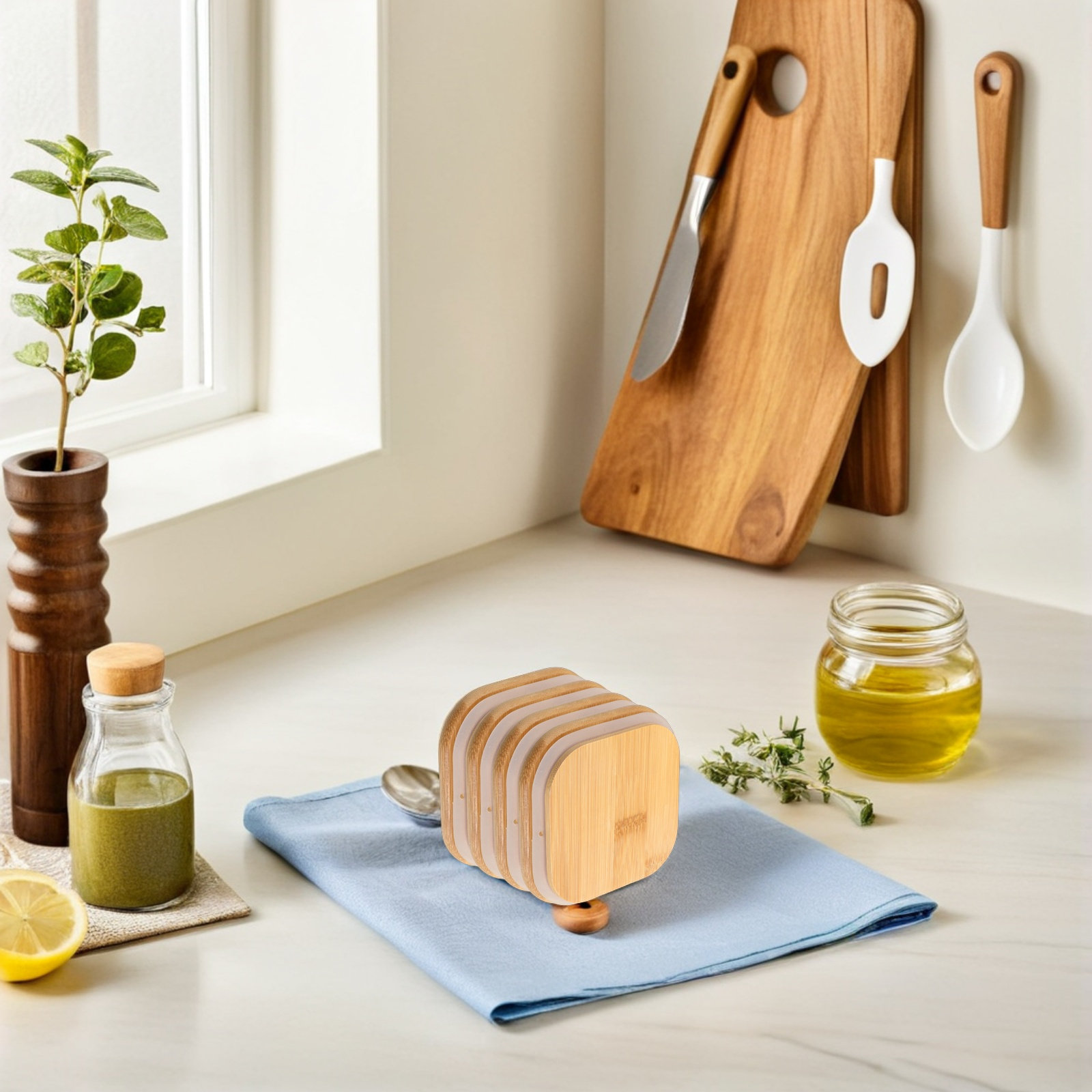 Coffee Tea Bean Leaf - 4Pcs Glass Canister Bamboo Lids Square