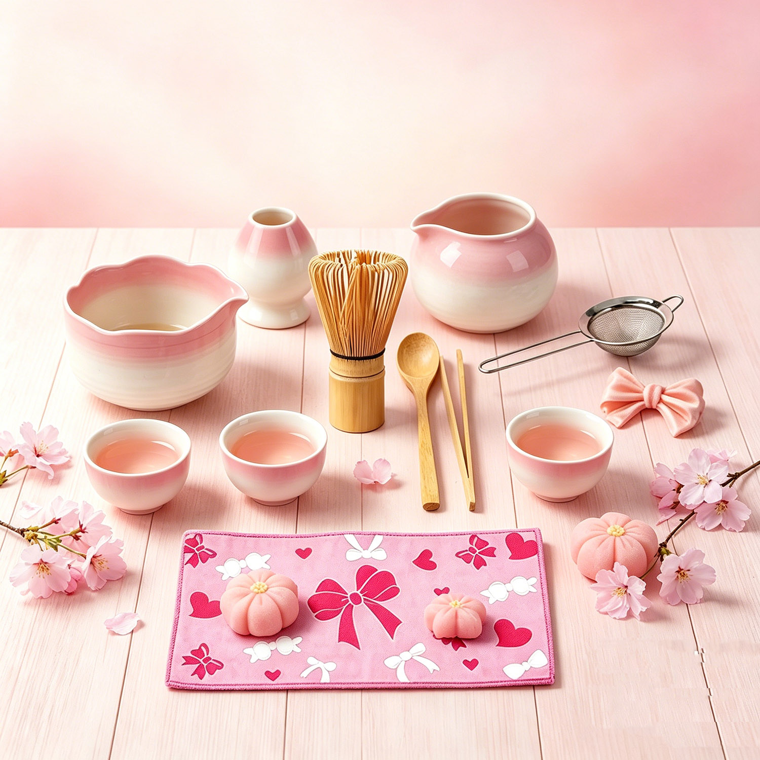 Matcha Whisk Set - 4/5/7PCS Pink Gradient Flower Rim Matcha